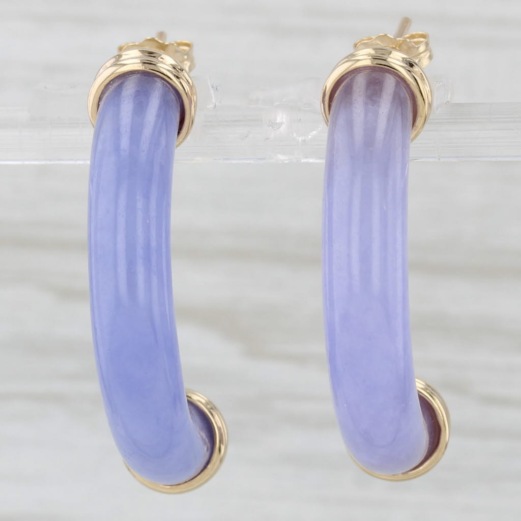 Light Gray Lavender Jadeite Jade Half Hoop Hololith Earrings 14k Yellow Gold Pierced Drops