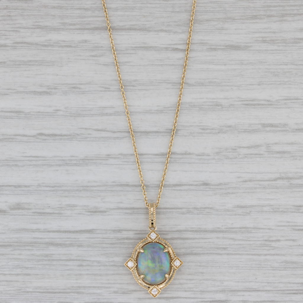 Gray New Opal Cabochon Diamond Pendant Necklace 14k Yellow Gold 18" Cable Chain