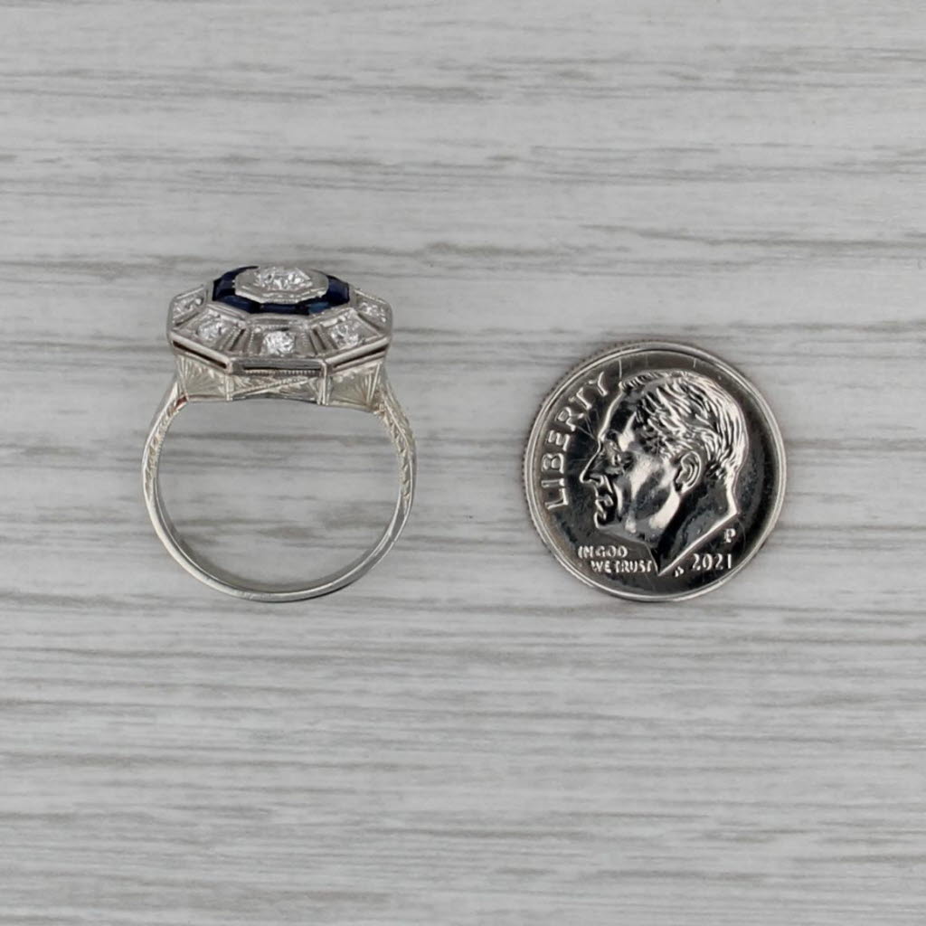 Art Deco 0.96ctw Diamond Lab Created Sapphire Halo Ring 14k Gold Platinum Sz 5.5