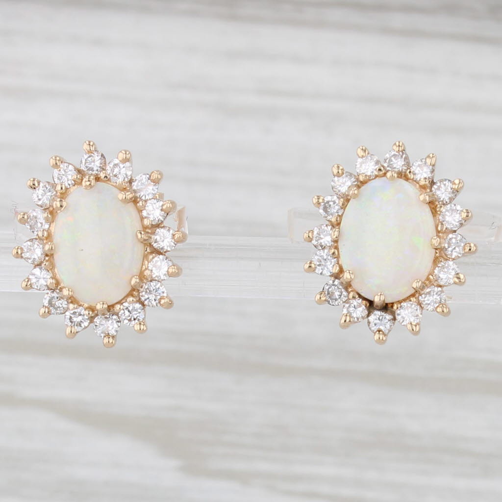 Light Gray Opal 0.65ctw Diamond Halo Stud Earrings 14k Yellow Gold