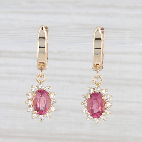2.11ctw Pink Tourmaline Diamond Halo Dangle Earrings 14k Yellow Gold Snap Top
