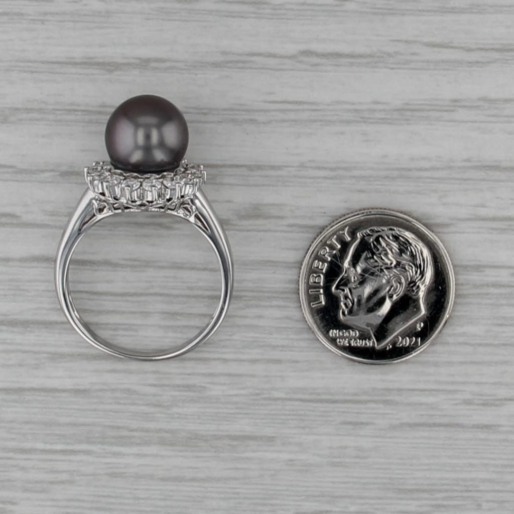 9.4mm Cultured Black Pearl 0.40ctw Diamond Halo Ring 18k White Gold Size 7