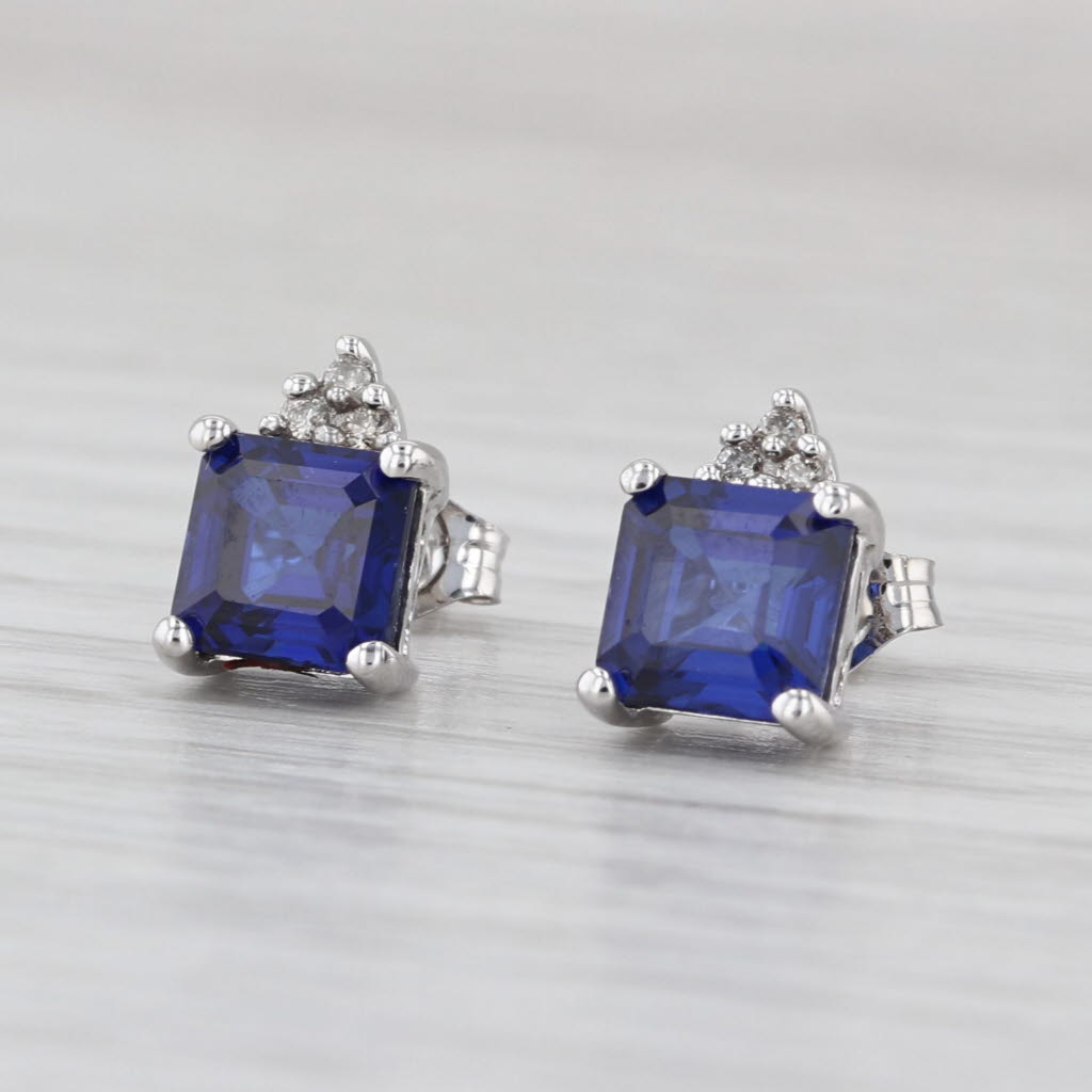 2.64ctw Lab Created Blue Sapphire Stud Earrings 10k White Gold Diamond Accents
