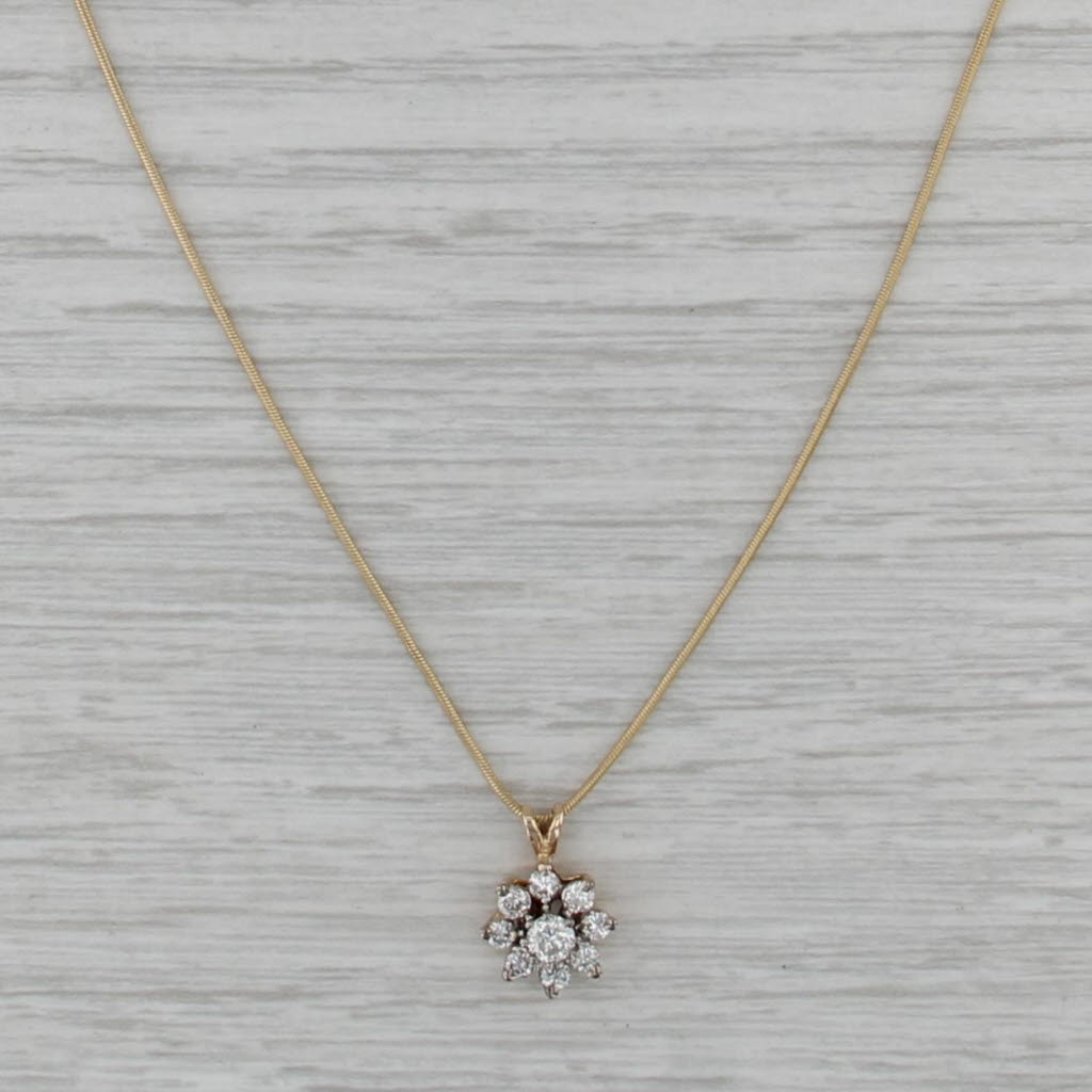 0.50ctw Diamond Flower Cluster Pendant Necklace 14k Yellow Gold 16" Snake Chain