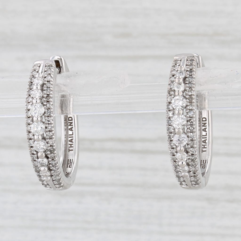 Light Gray 0.34ctw Diamond Hoop Earrings 10k White Gold Hinged Snap Top