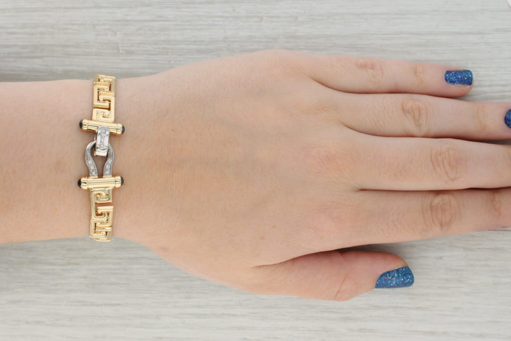 Tan Blue Sapphire Diamond Greek Key Chain Bracelet 14k Yellow Gold 7.25"