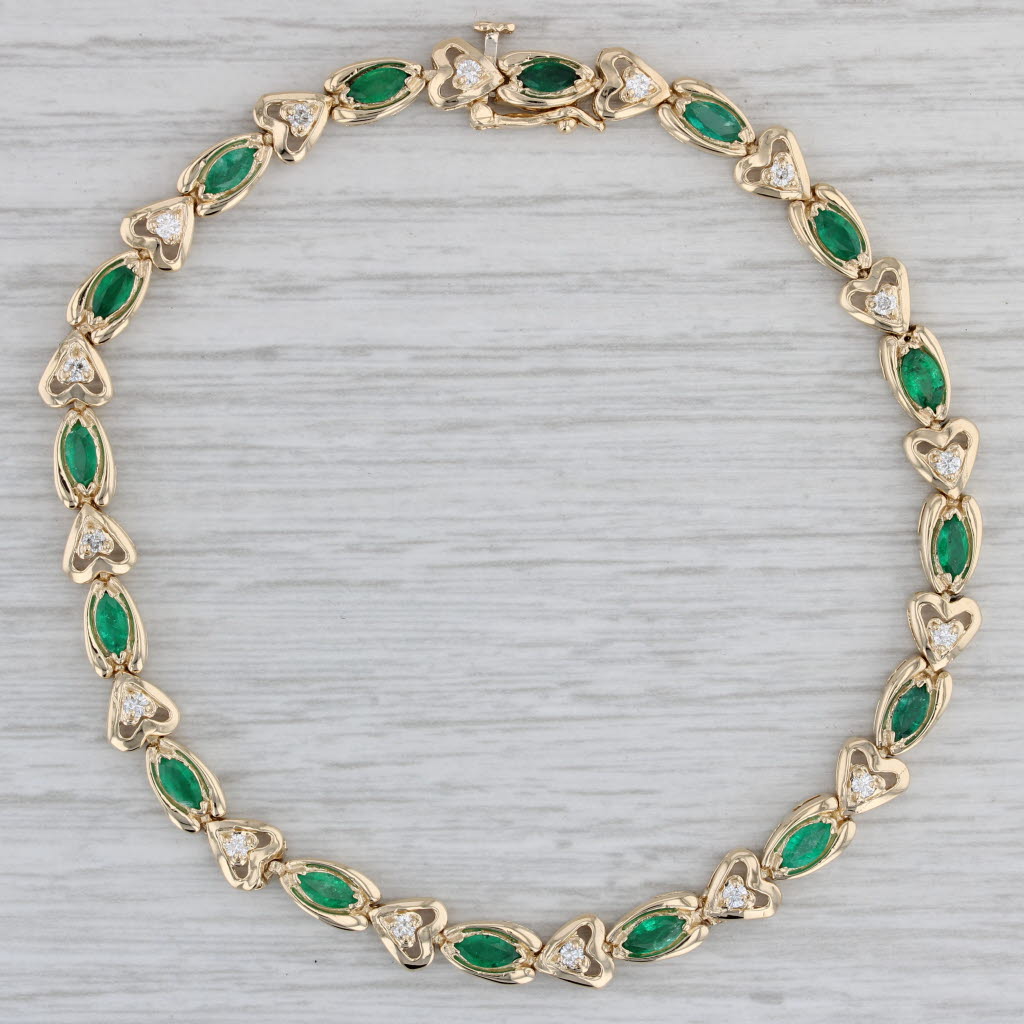 Gray 2.50ctw Emerald Diamond Hearts Tennis Bracelet 14k Yellow Gold 8.25" 6mm