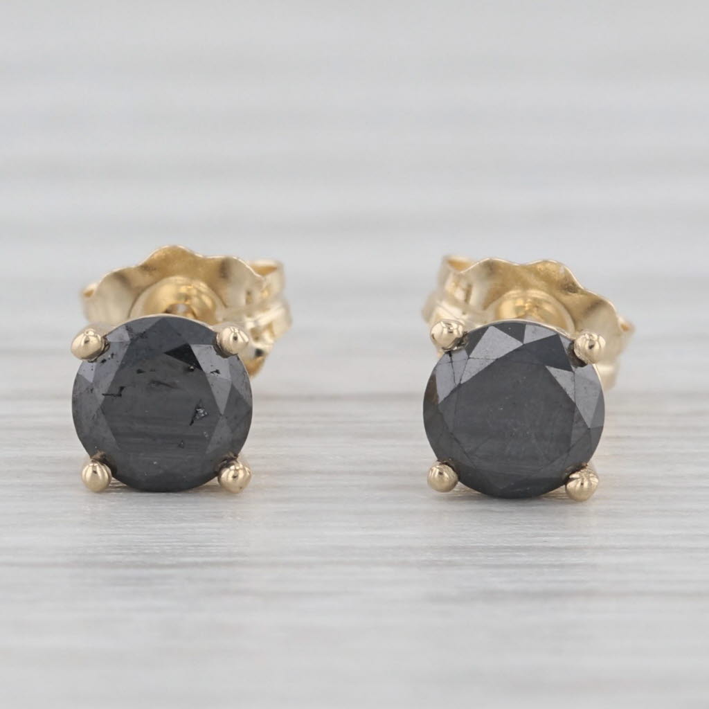 Light Gray New 0.82ctw Black Diamond Stud Earrings 14k Yellow Gold Round Solitaires