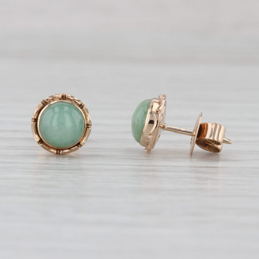 Green Jadeite Jade Stud Earrings 14k Yellow Gold Round Cabochon Studs
