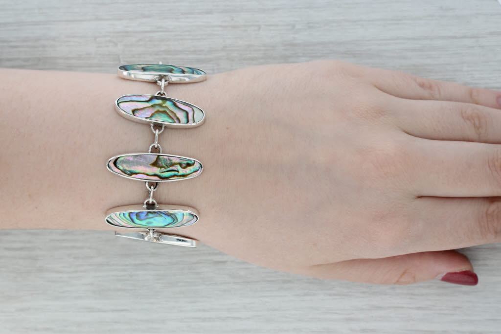 Dark Gray Abalone Shell Bracelet Sterling Silver Statement 7.25" - 6"