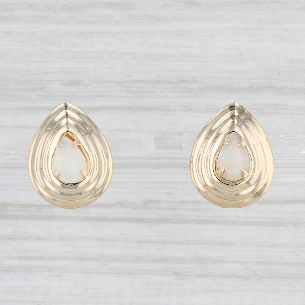 Light Gray Opal Pear Cabochon Solitaire Stud Earrings 14k Yellow Gold