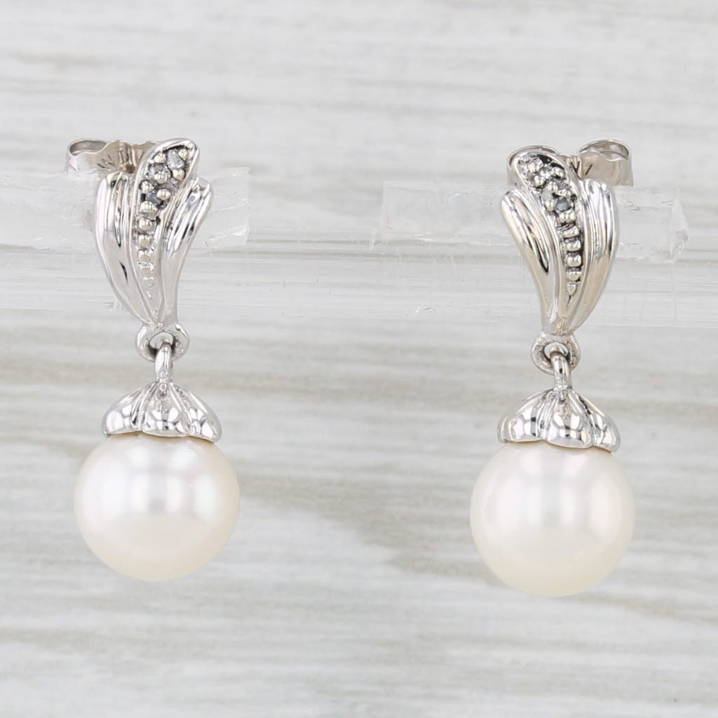 Light Gray Cultured Pearl Dangle Earrings 10k White Gold Diamond Accents