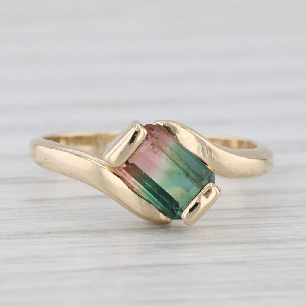 Light Gray 0.58ct Green Pink Watermelon Tourmaline Solitaire Bypass Ring 14k Gold Size 7
