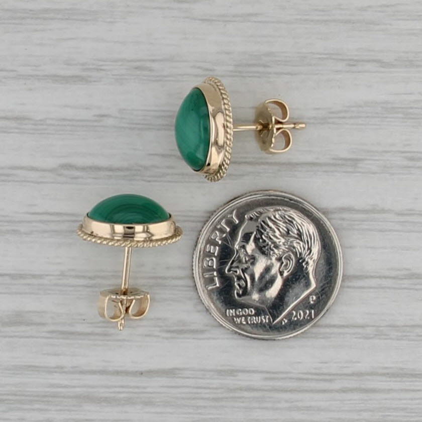 Green Malachite Stud Earrings 14k Yellow Gold Oval Cabochon Studs