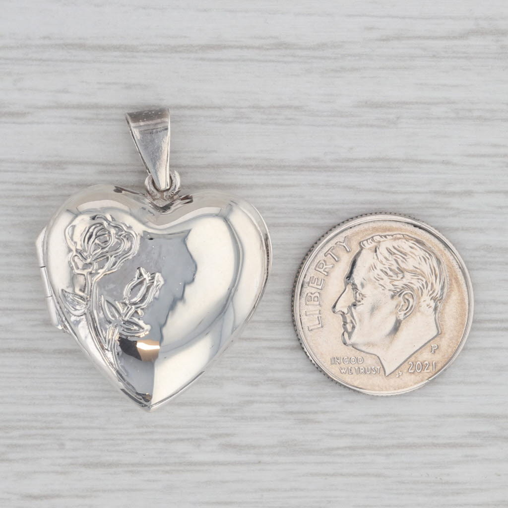 Gray Floral Heart Locket Pendant Sterling Silver Engraved Flowers Opens Engravable