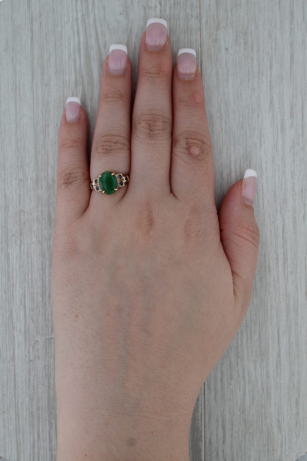 Vintage Green Jadeite Jade Blue Sapphire Ring 14k Yellow Gold Size 6.75