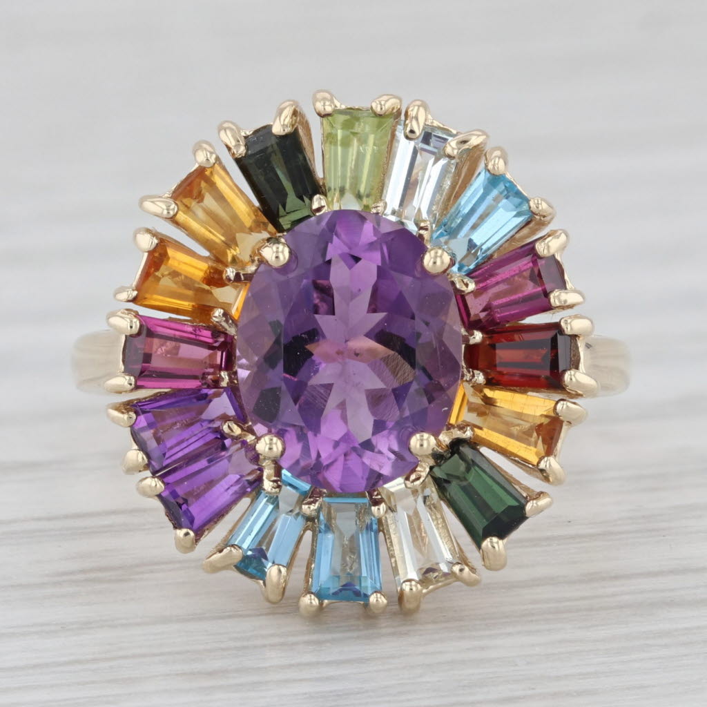 Light Gray Amethyst Multi Stone Rainbow Halo 10k Yellow Gold Size 8 Ring Cocktail