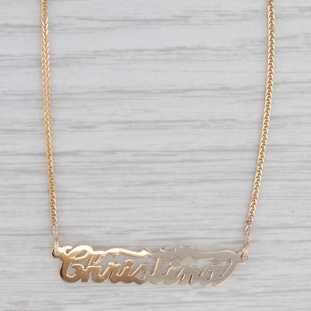 Light Gray Christina Pendant Necklace 14k Yellow Gold Curb Chain Stationary Name 20"