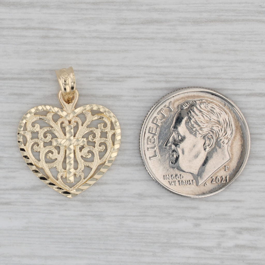 Gray Ornate Heart Cross Pendant 14k Yellow Gold