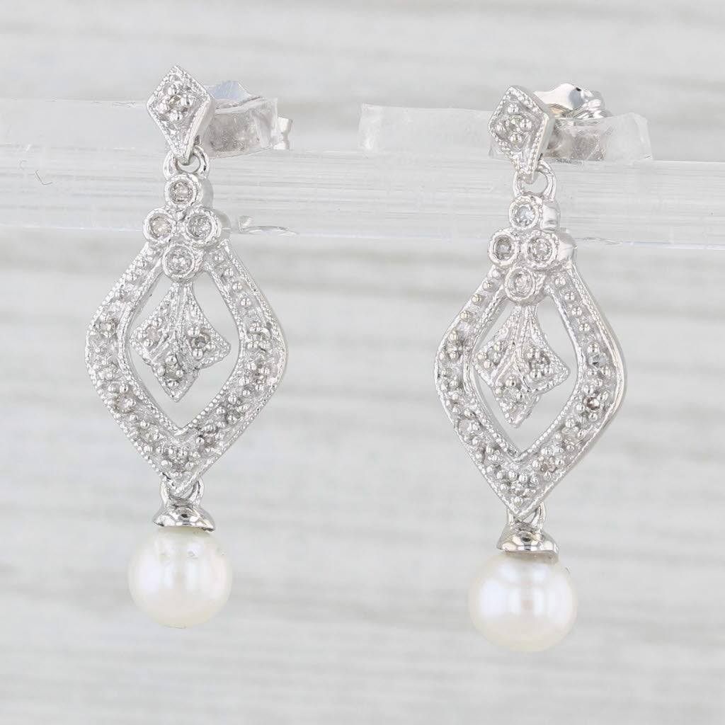 Light Gray Cultured Pearl Diamond Dangle Earrings 10k White Gold Vintage Style Drops