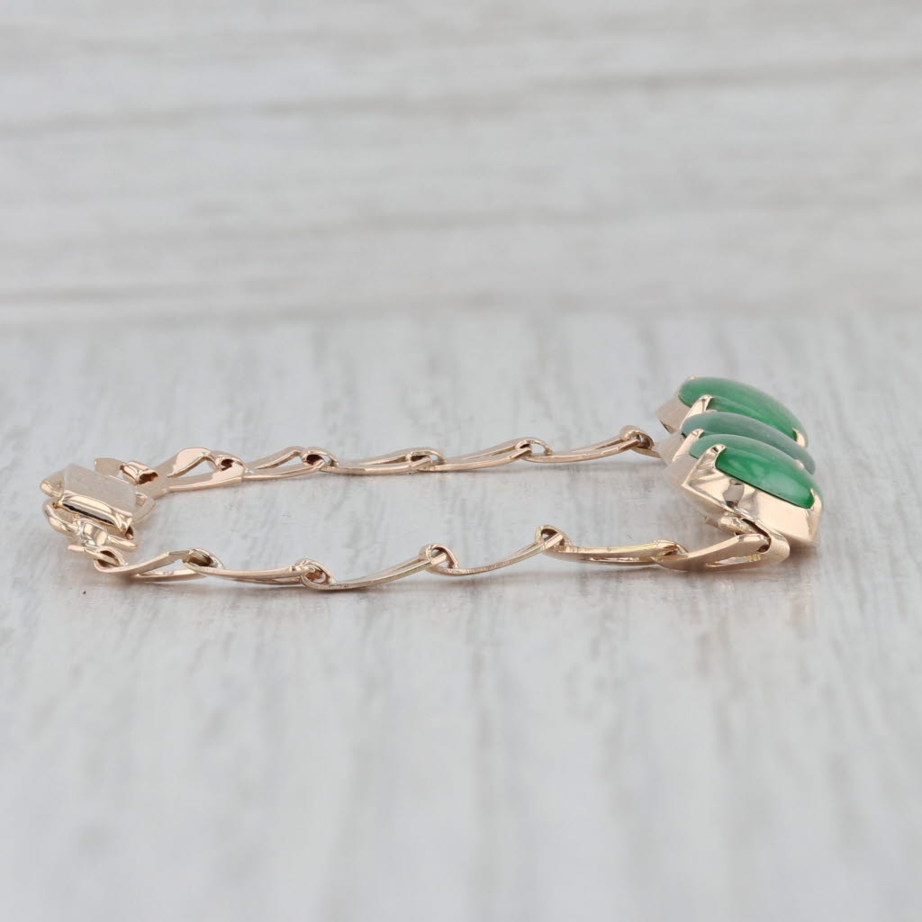 Gray Green Jadeite Jade 3-Stone Oval Cabochons Bracelet 14k Rose Gold 6.25"