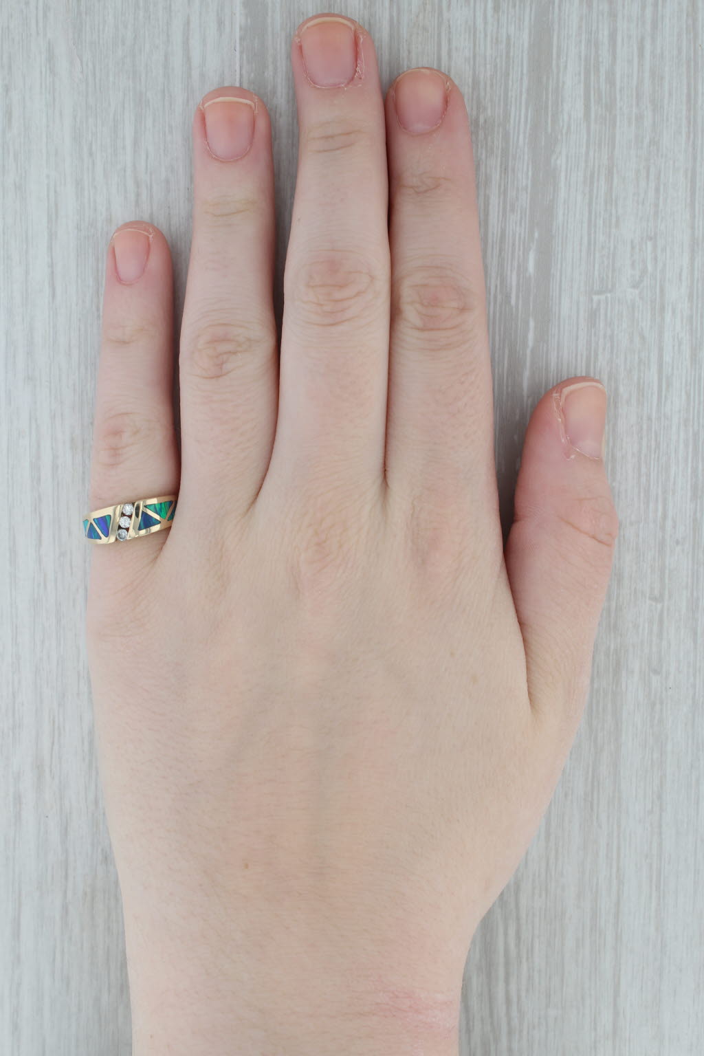Dark Gray Lab Created Blue Green Opal Mosaic Diamond Ring 14k Yellow Gold Size 6.25