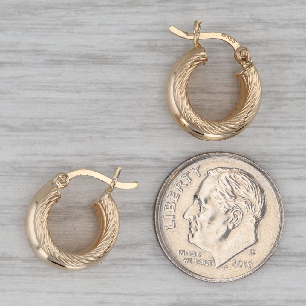 Gray Rope Etched 3-Hoop Earrings 14k Yellow Gold Snap Top Small Round Hoops