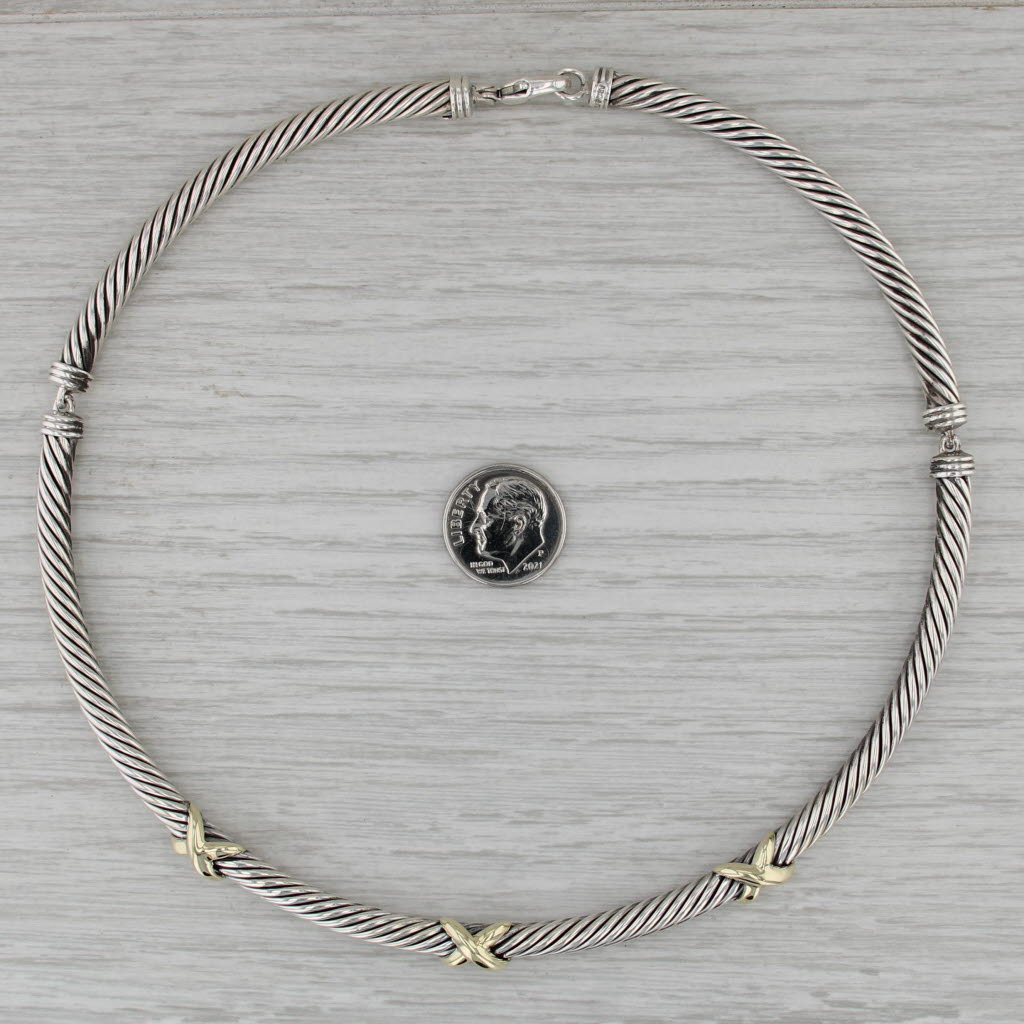 David Yurman Cable Necklace Sterling Silver 14k Gold X Pattern 15" 5mm