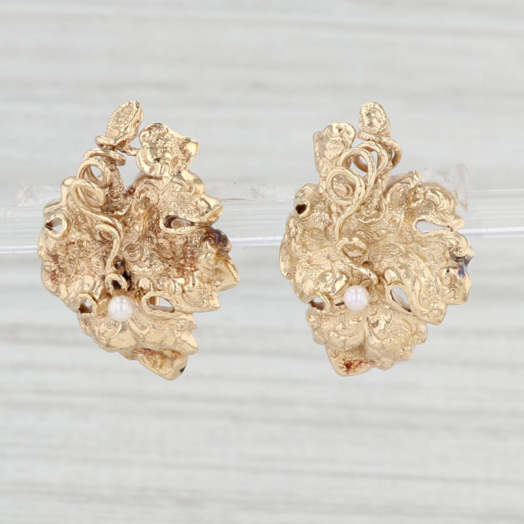 Light Gray Abstract Cultured Pearl Leaf Earrings 14k Yellow Gold Screw On Non Pierced