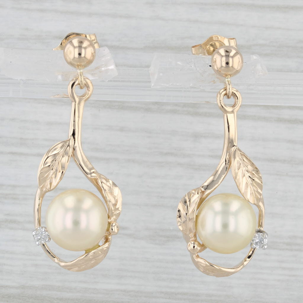 Light Gray Cultured Pearl Diamond Dangle Earrings 14k Yellow Gold