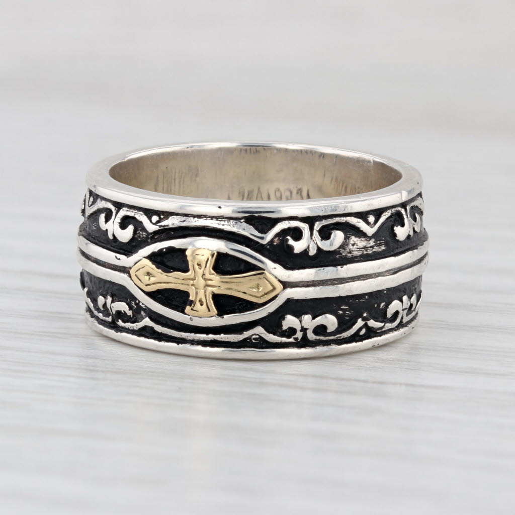 Konstantino Ornate Cross Ring Sterling Silver 18k Gold Band Size 10.5