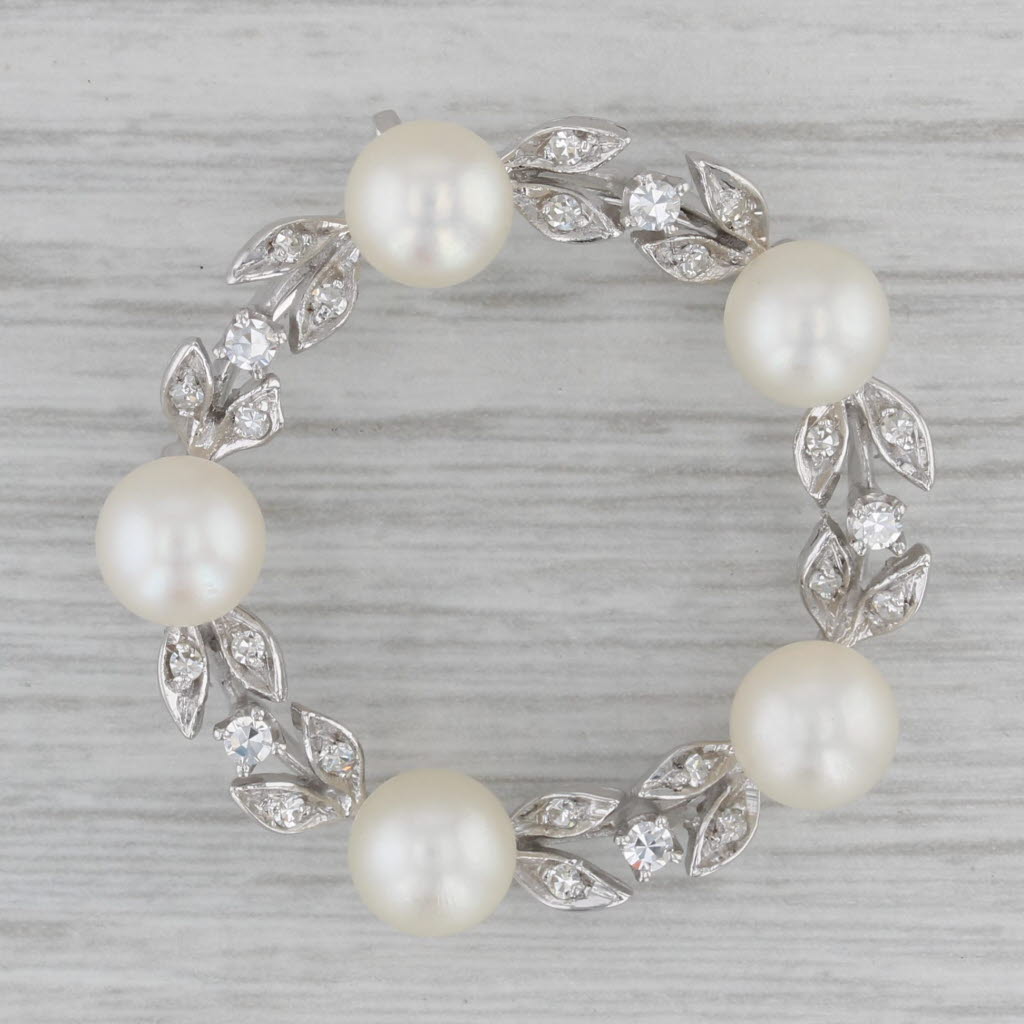 Gray Vintage Cultured Pearl 0.35ctw Diamond Wreath Brooch Pendant 14k White Gold Pin