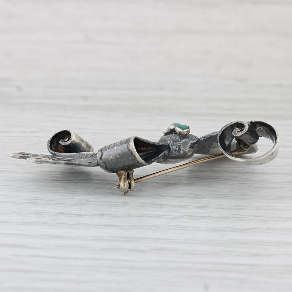 Light Gray Vintage Turquoise Bow Brooch Sterling Silver Native American Statement Pin