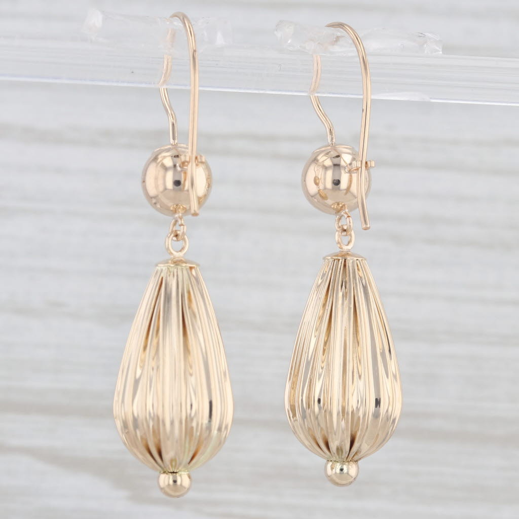 Light Gray Beveled Teardrop Dangle Earrings 14k Yellow Gold Hook Posts