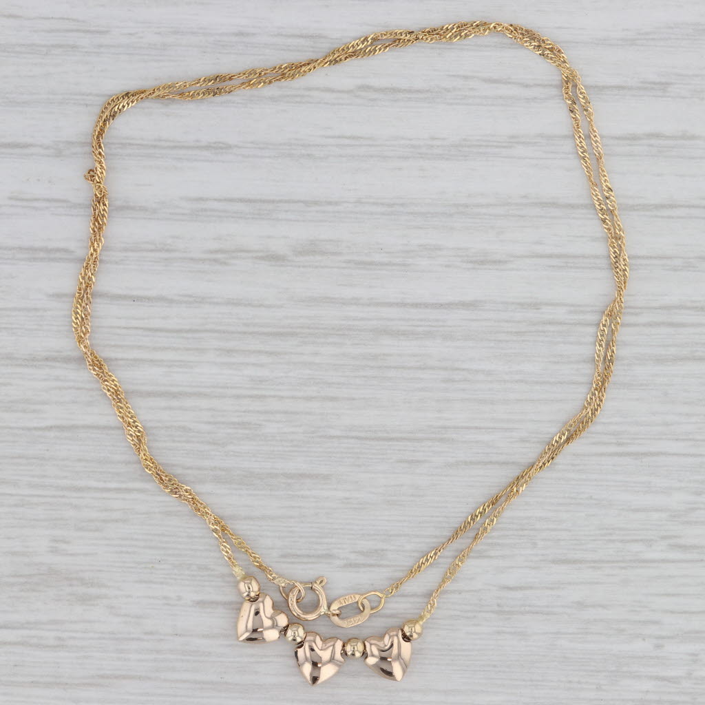Gray 3-Hearts Bead Pendant Necklace 14k Yellow Gold 17" Singapore chain