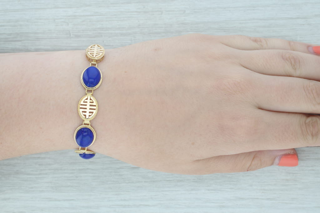 Lapis Lazuli Cabochon Oval Link Bracelet 14k Yellow Gold 6.75" 12.2mm