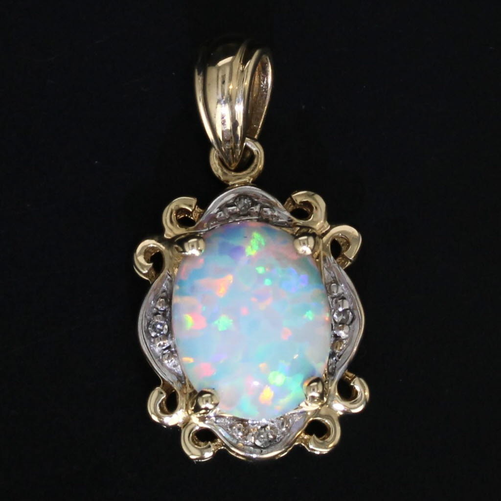 Gray Oval Lab Created Opal Diamond Pendant 10k Yellow Gold