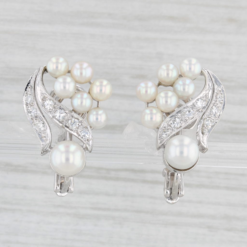 Light Gray Cultured Pearl Diamond Earrings 14k White Gold Clip On Non Pierced