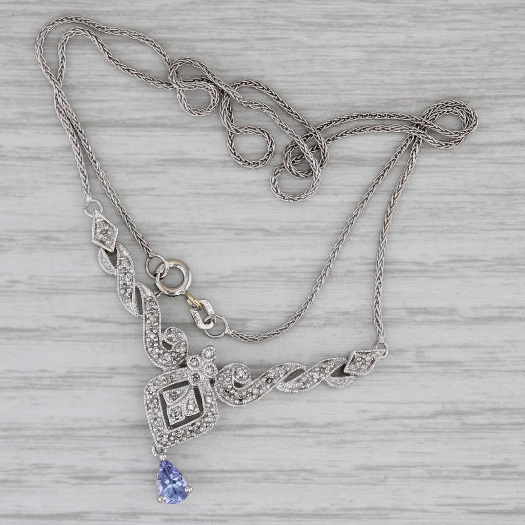 Gray 0.50ctw Tanzanite Diamond V Necklace 10k White Gold Wheat Chain 16.75"