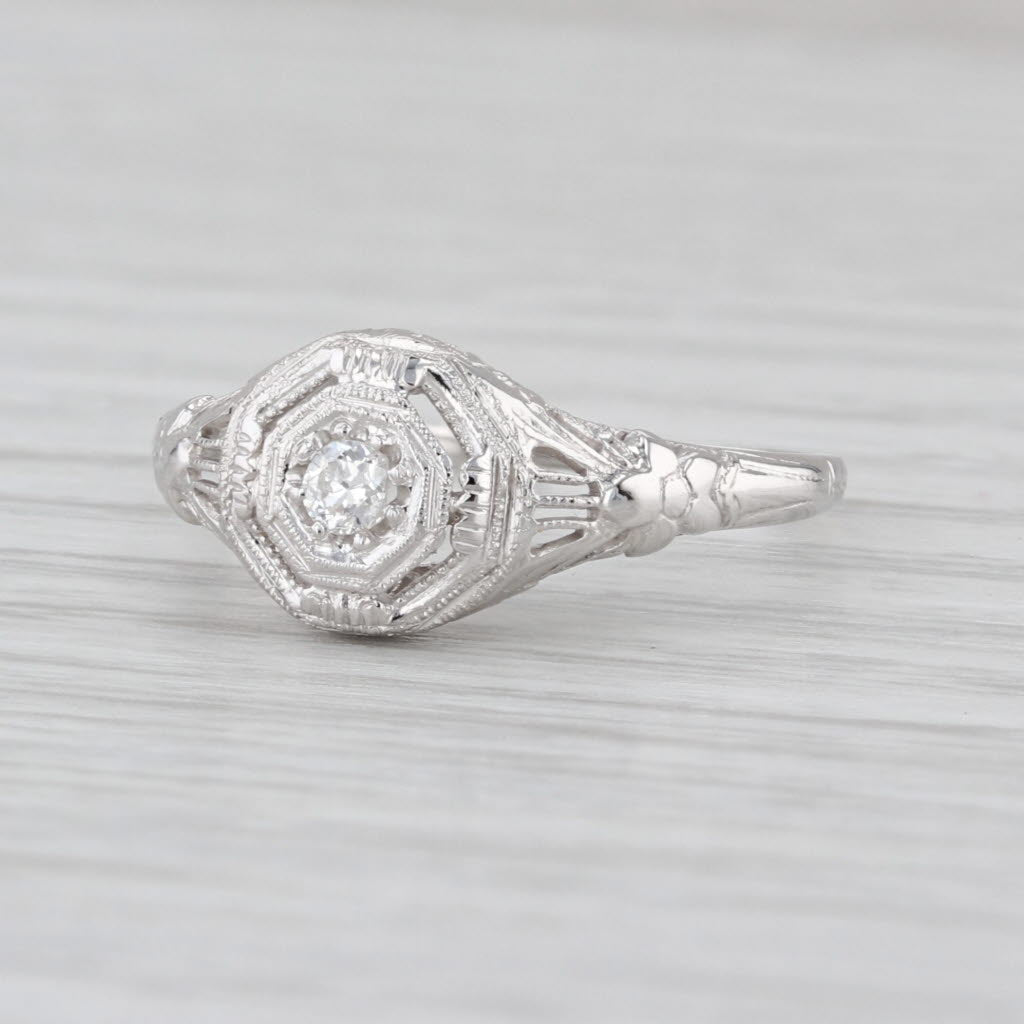 Art Deco Diamond Solitaire Ring 18k White Gold Filigree Size 7.5