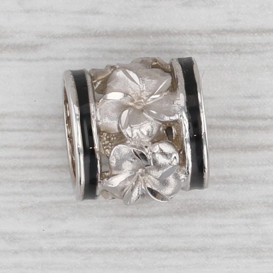 Gray Flower Bead Slide Charm Pendant 14k White Gold Enamel