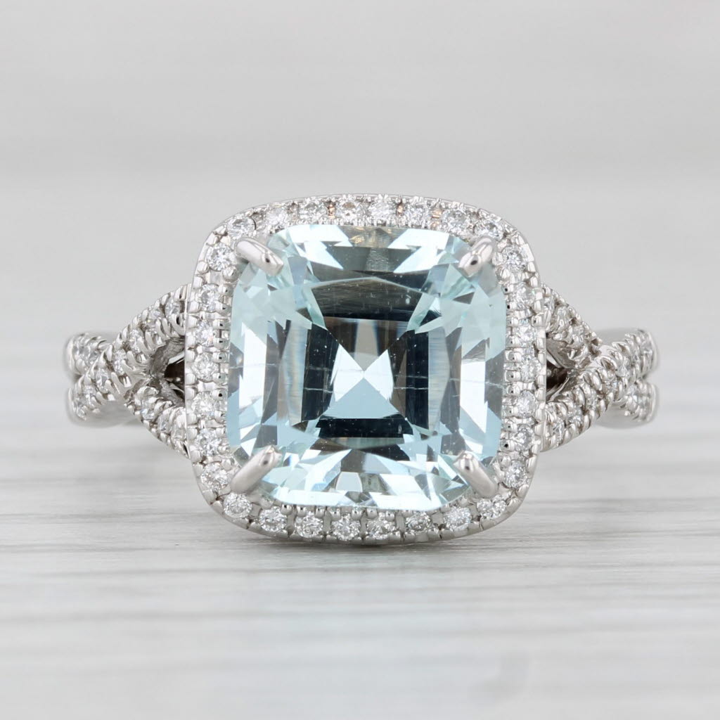 Light Gray 3.55ctw Aquamarine Diamond Halo Ring 14k White Gold Floral Bridge Size 6.25