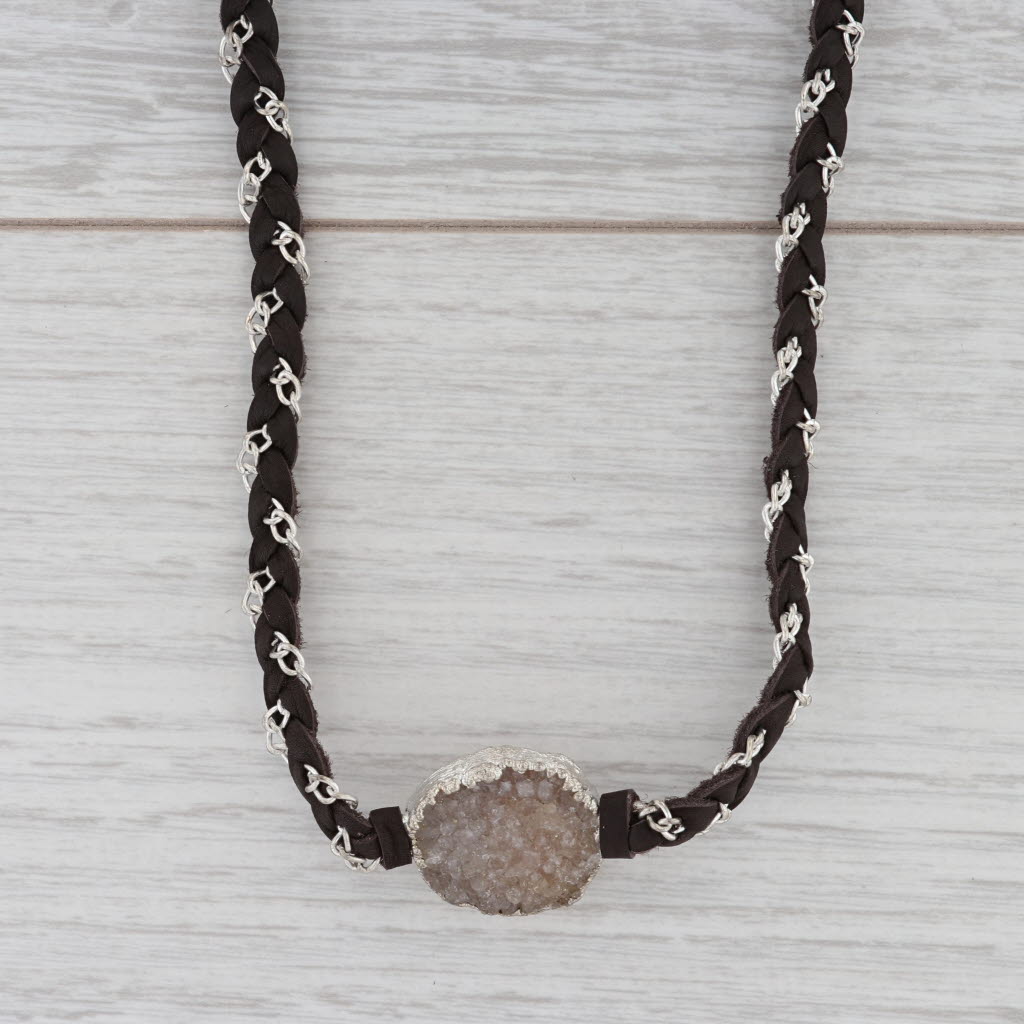 New Tags Nina Wynn Druzy Quartz Cordelia Necklace Woven Dark Brown Leather