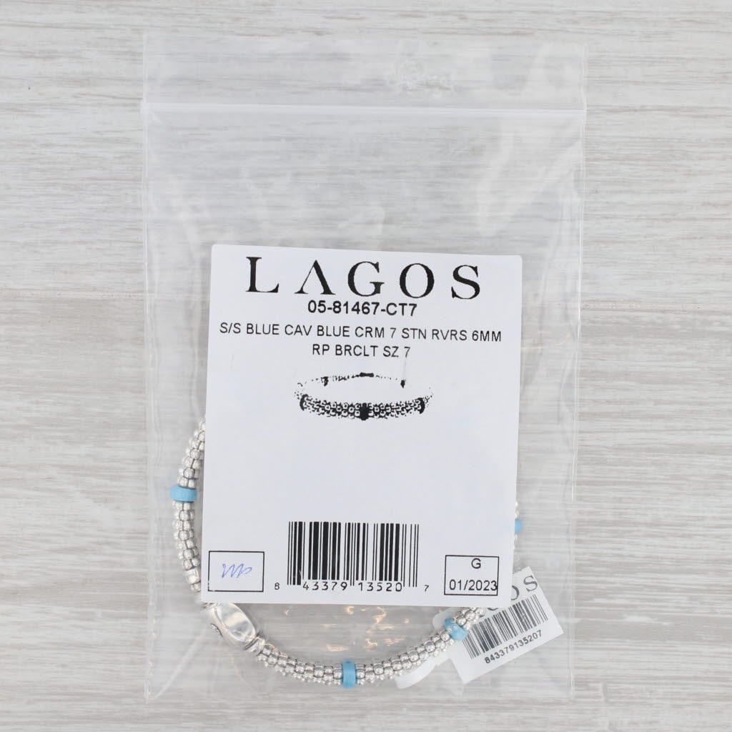 Light Gray New Lagos Blue Ceramic Station Caviar Bracelet Sterling Silver 6mm Medium Pouch