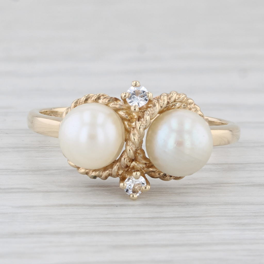 Light Gray Cultured Pearl Cubic Zirconia Ring 10k Yellow Gold Size 8