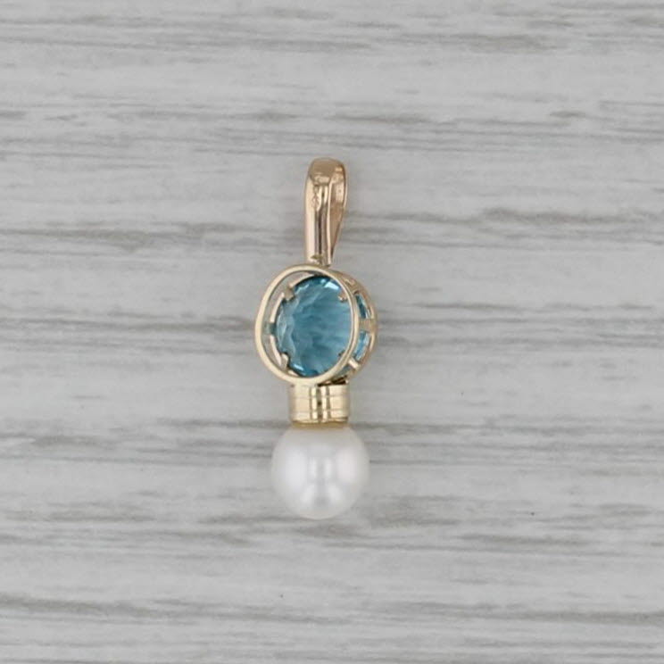 Cultured Pearl Blue Topaz Pendant 14k Yellow Gold Small Drop