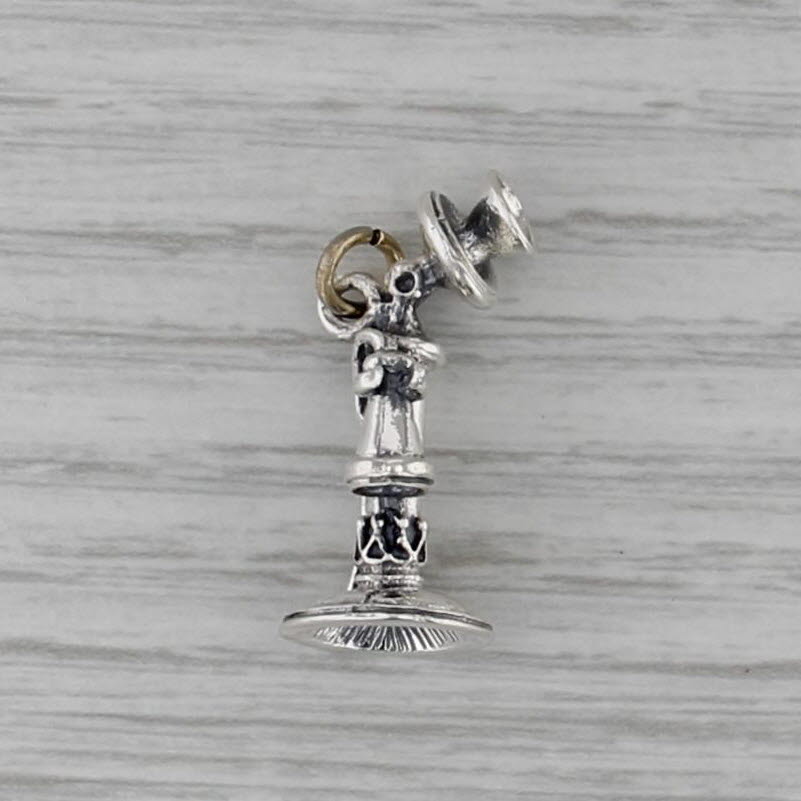 Vintage Old Timey Telephone Charm Sterling Silver 3D Pendant