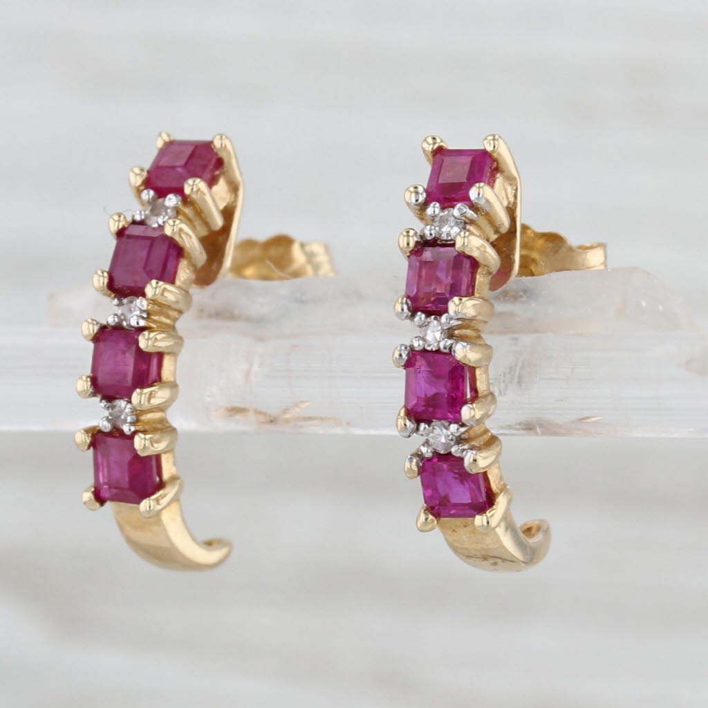 1.01ctw Ruby Diamond J-Hook Earrings 14k Yellow Gold Drops