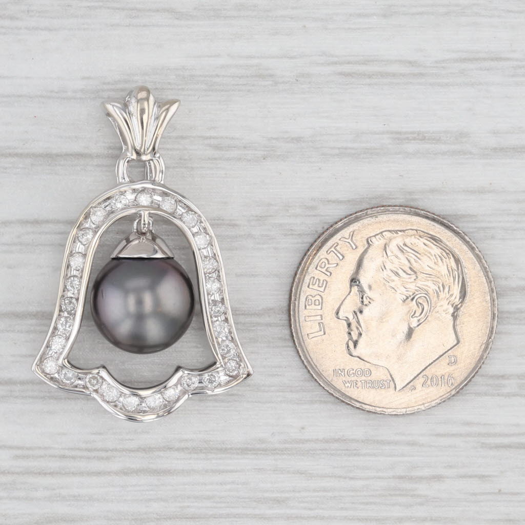 Black Cultured Pearl 0.32ctw Diamond Frame Bell Pendant 14k White Gold