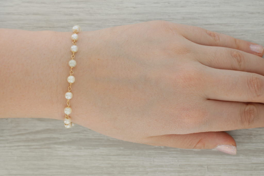 Rosy Brown Cultured Pearl Bead Chain Bracelet 14k Yellow Gold 6.5" 5-5.3mm